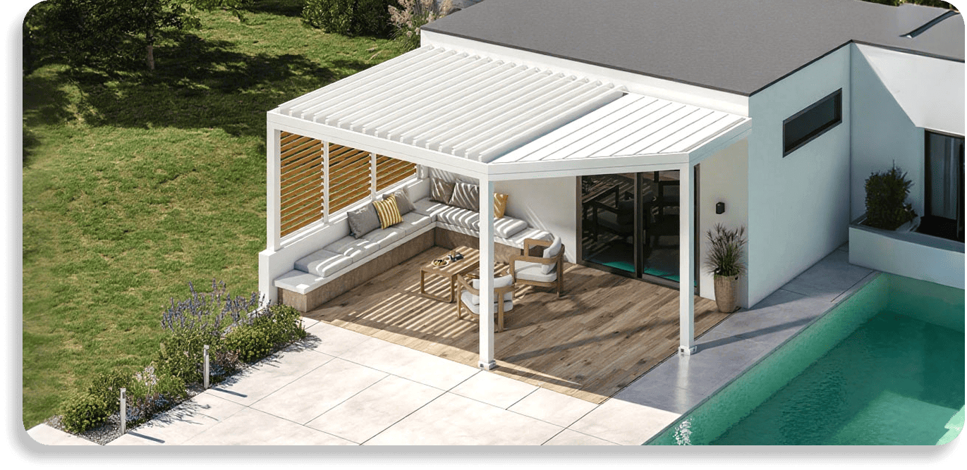 AlunoTec aluminum louvered pergola beside a modern backyard pool and patio
