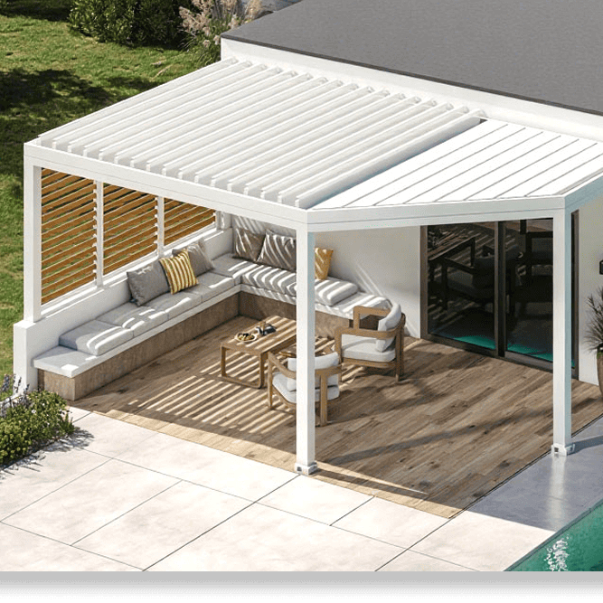 AlunoTec aluminum louvered pergola beside a modern backyard pool and patio
