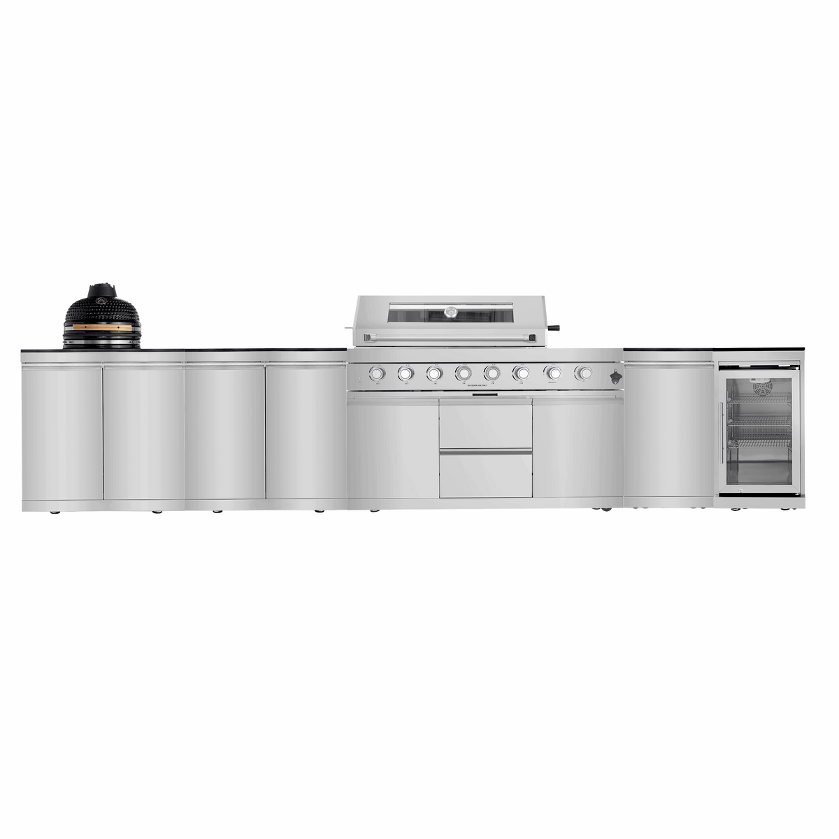 Navratil 5 Piece Outdoor Kitchen with stainless steel grill, cabinets, countertops, and refrigerator