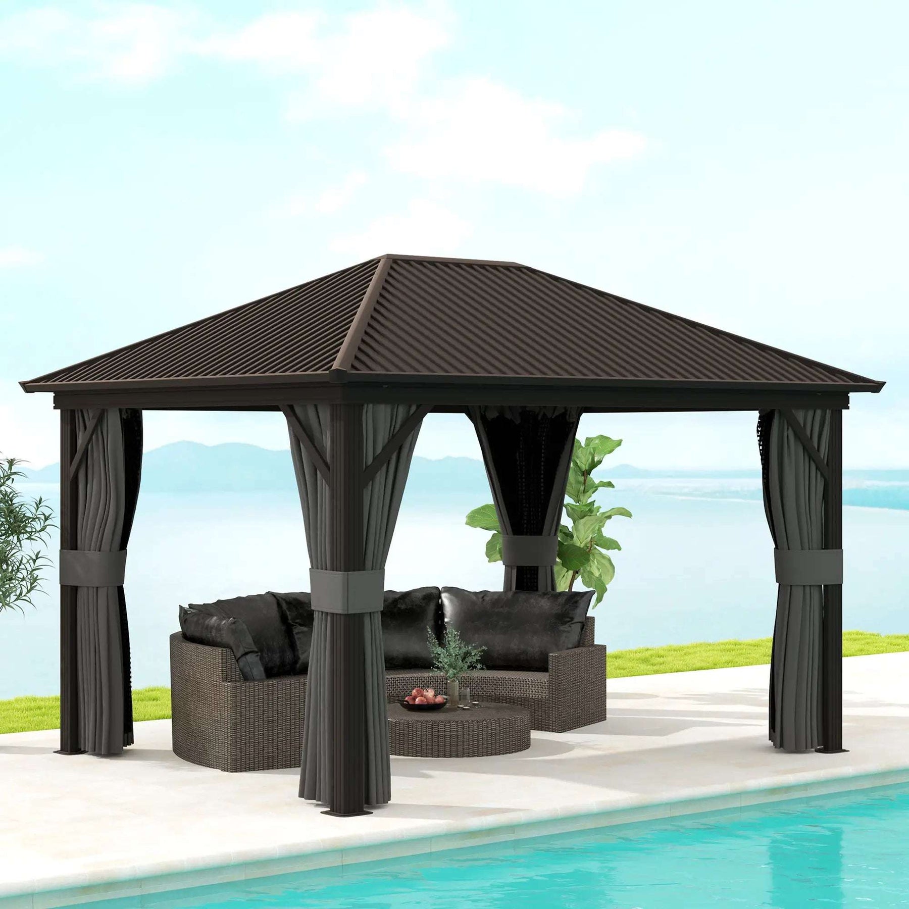 Outsunny 10x12 hardtop garden gazebo with metal roof and mesh netting in a backyard setting