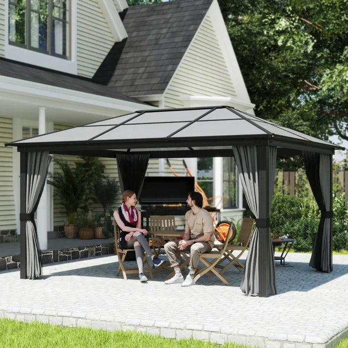 Outsunny 12x15 hardtop gazebo with polycarbonate roof, curtains, and netting