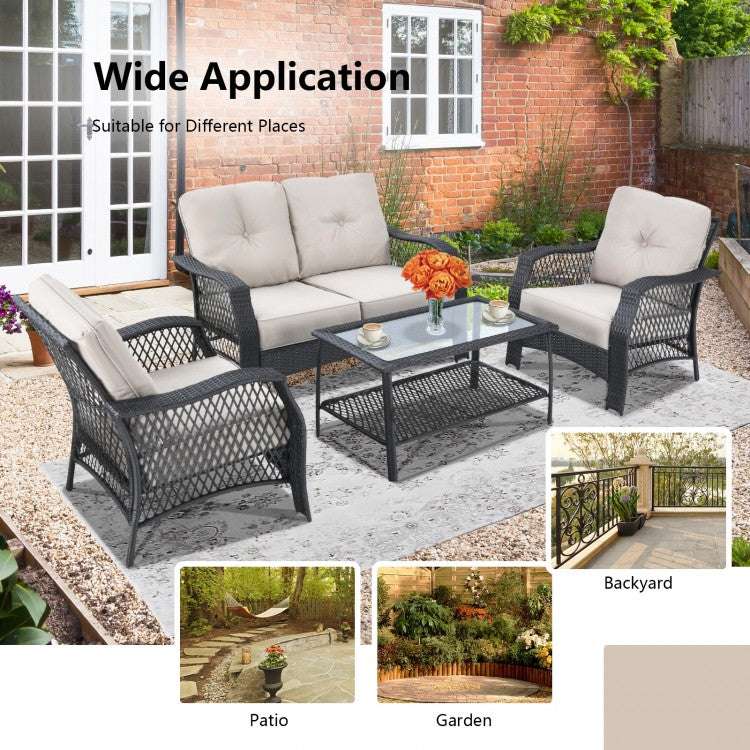 Costway 4 Pieces Patio Wicker Furniture Set with Coffee Table and Cushions - Majic Backyard