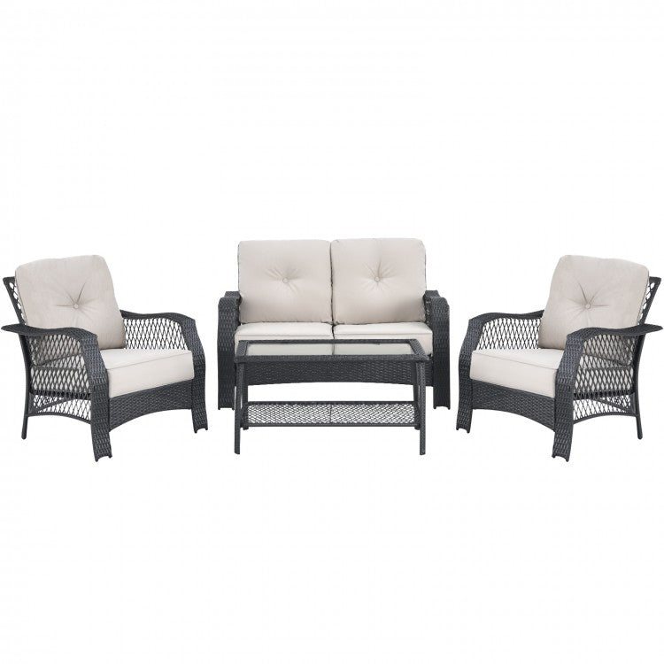 Costway 4 Pieces Patio Wicker Furniture Set with Coffee Table and Cushions - Majic Backyard