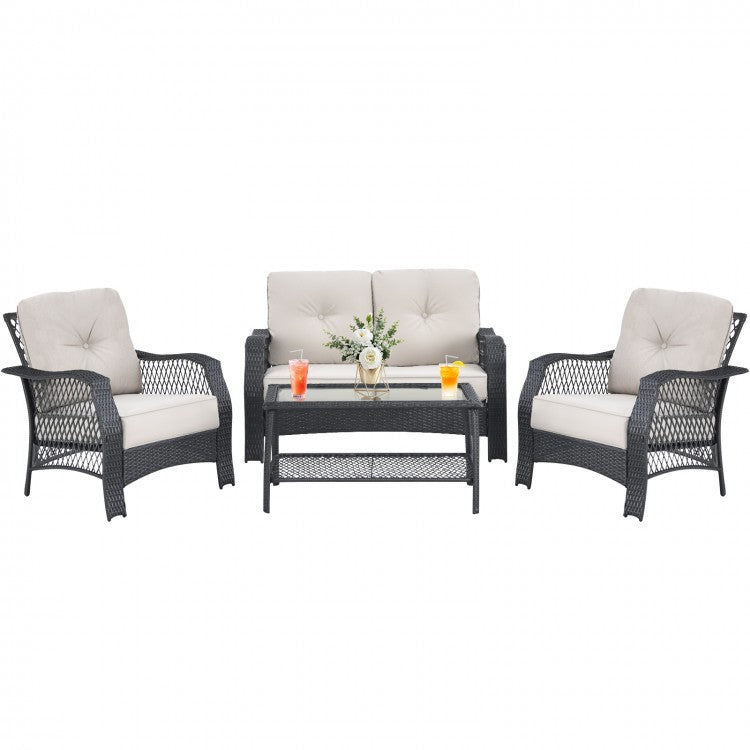 Costway 4 Pieces Patio Wicker Furniture Set with Coffee Table and Cushions - Majic Backyard