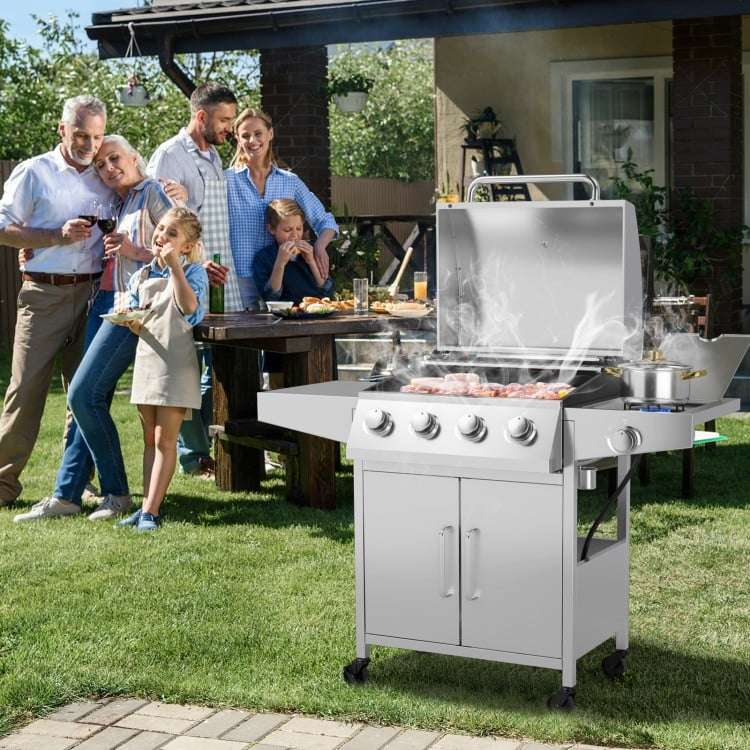 Costway 50000 BTU 5-Burner Propane Gas Grill with Side Burner and 2 Prep Tables - Majic Backyard