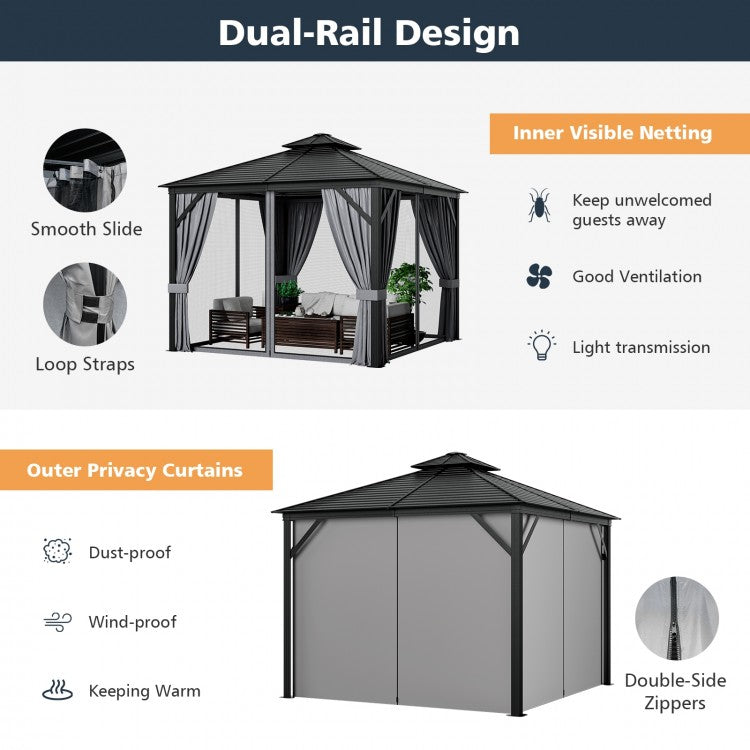 Costway 10 x 10 Feet Double-Top Hardtop Gazebo with Galvanized Steel Roof - Majic Backyard