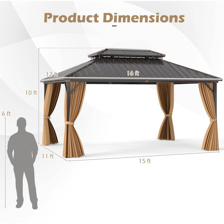 Costway 16' x 12' Hardtop Gazebo Aluminum Frame Permanent Pavilion with Curtains and Netting - Majic Backyard