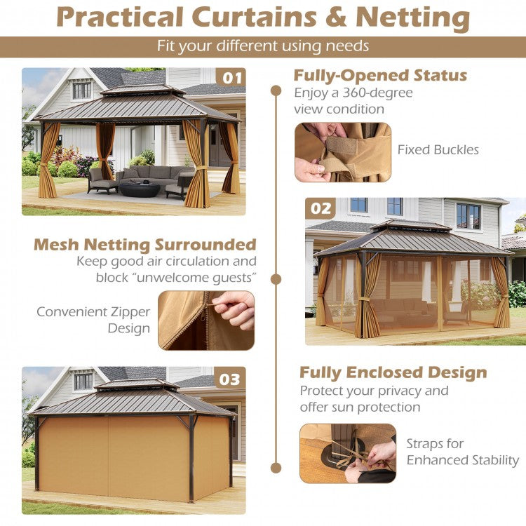 Costway 16' x 12' Hardtop Gazebo Aluminum Frame Permanent Pavilion with Curtains and Netting - Majic Backyard