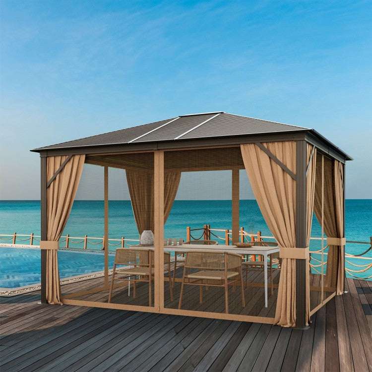 Hardtop gazebo with curtains creating a comfortable outdoor dining area