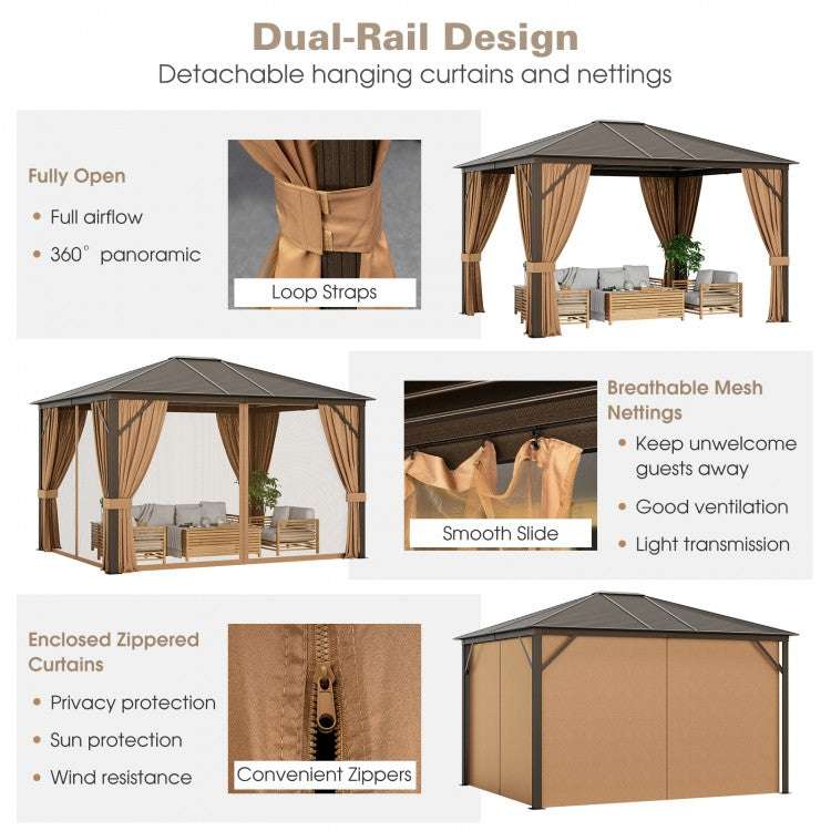 Costway 12 x10 Feet Outdoor Hardtop Gazebo with Galvanized Steel Top and Netting - Majic Backyard