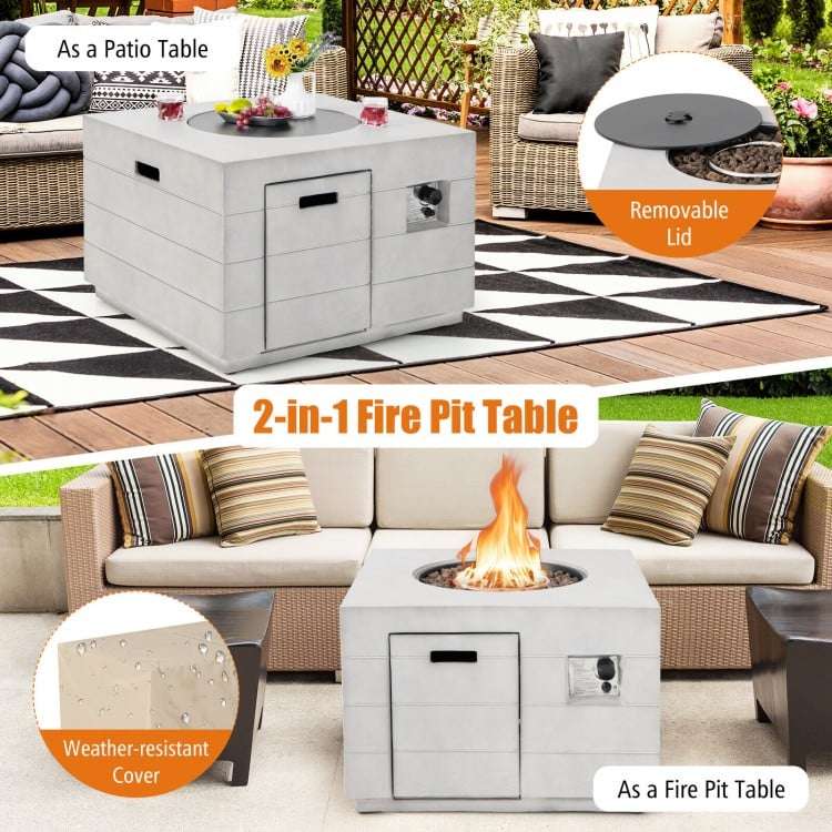 Costway 34 Inch Square Concrete Propane Fire Pit Table with Lava Rocks and Cover 50,000 BTU - Majic Backyard