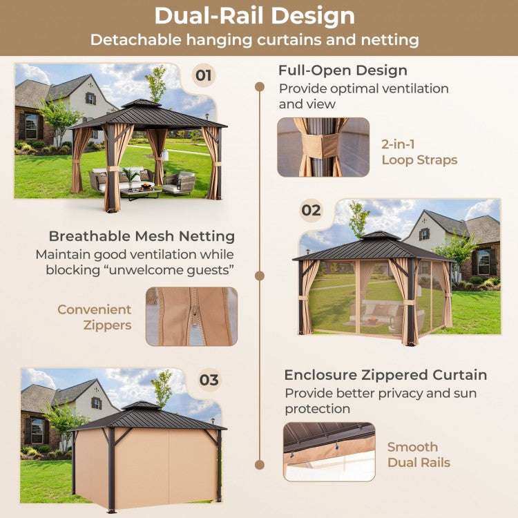 Costway 12 x 12 Feet Double-Roof Patio Hardtop Gazebo with Galvanized Steel Roof Netting and Curtains - Majic Backyard