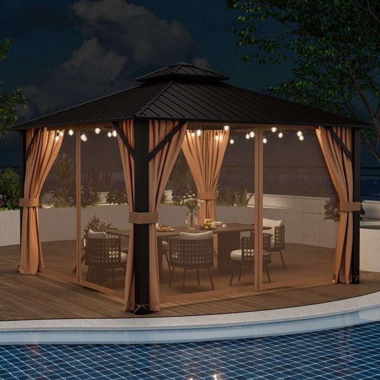 Costway 12 x 12 Feet Double-Roof Patio Hardtop Gazebo with Galvanized Steel Roof Netting and Curtains - Majic Backyard