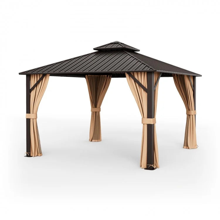 Costway 12 x 12 Feet Double-Roof Patio Hardtop Gazebo with Galvanized Steel Roof Netting and Curtains - Majic Backyard