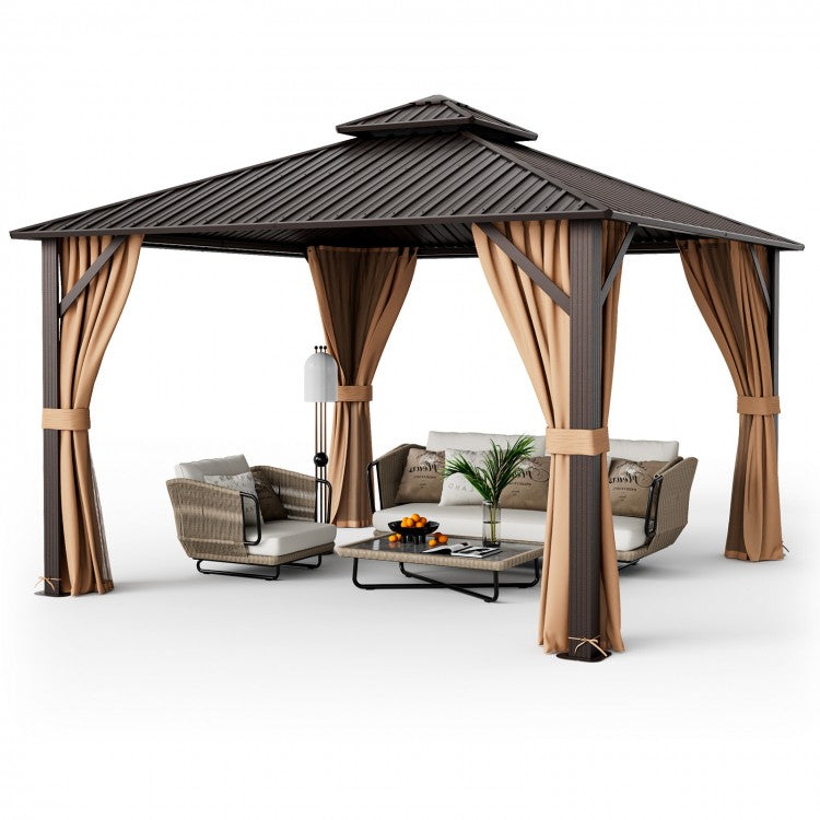 Costway 12 x 12 Feet Double-Roof Patio Hardtop Gazebo with Galvanized Steel Roof Netting and Curtains - Majic Backyard