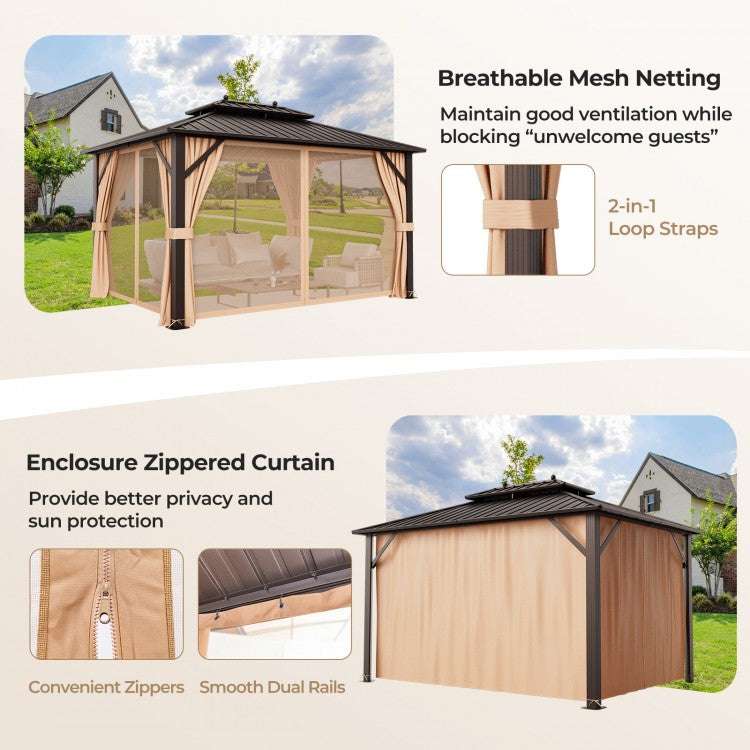 Costway 10 x 13 Feet Double-Roof Patio Hardtop Gazebo with Galvanized Steel Roof Netting and Curtains - Majic Backyard