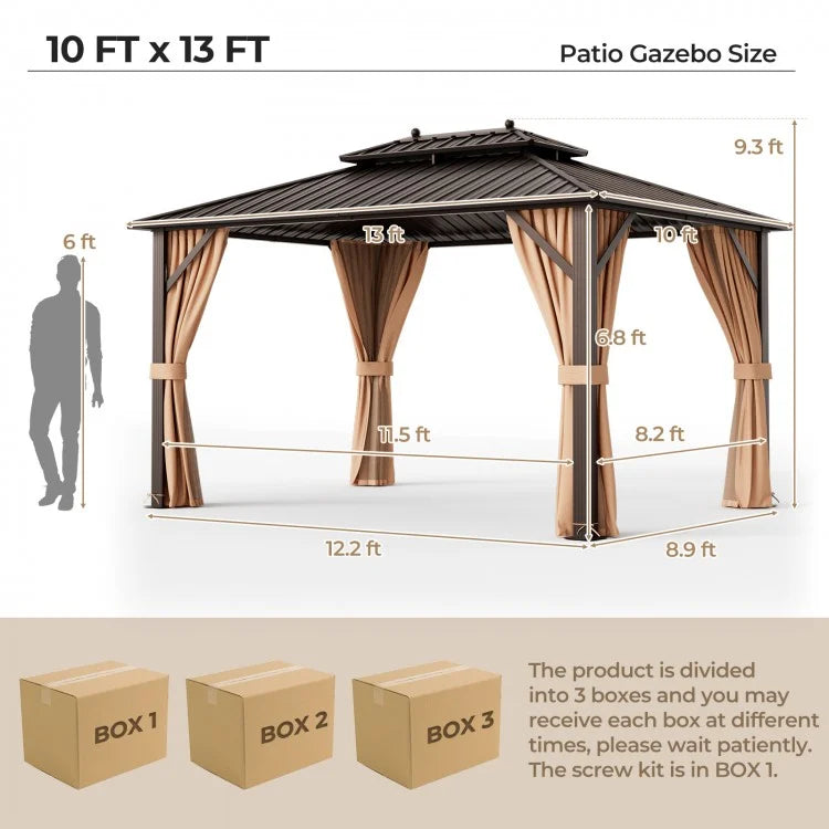 Costway 10 x 13 Feet Double-Roof Patio Hardtop Gazebo with Galvanized Steel Roof Netting and Curtains - Majic Backyard