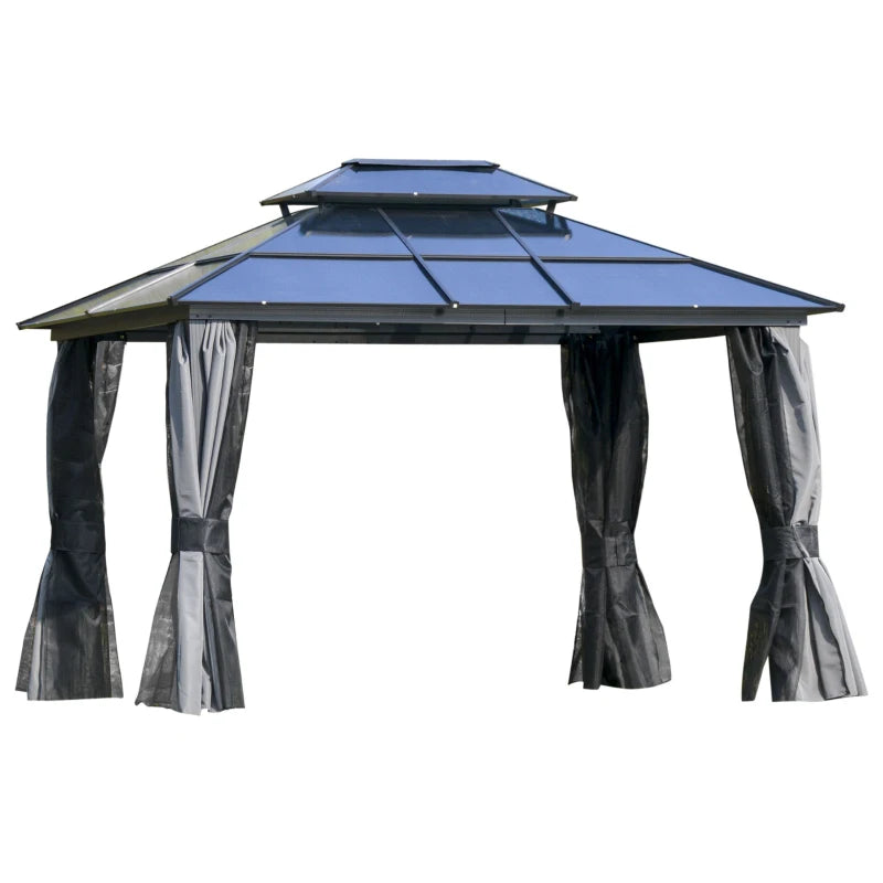 Outsunny 10'x12' Hardtop Patio Gazebo Aluminum Gazebo Canopy with Double Tier Roof, Curtains, Netting Sidewalls, Black & Grey