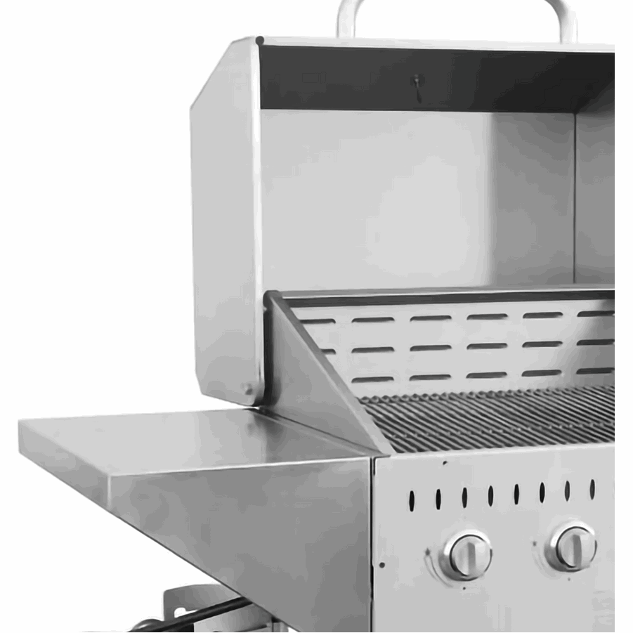 Omcan Stainless Steel Propane Outdoor BBQ Grill with 5 Burners, Top and Side Shelf and Roll Dome, 80000 BTU - Majic Backyard