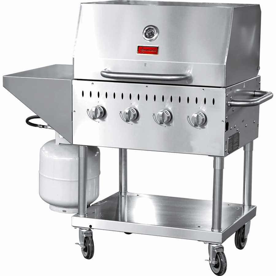 Omcan Stainless Steel Propane Outdoor BBQ Grill, 4 Burners, 64000BTU, Top And Side Shelf, 1 Roll Dome - Majic Backyard