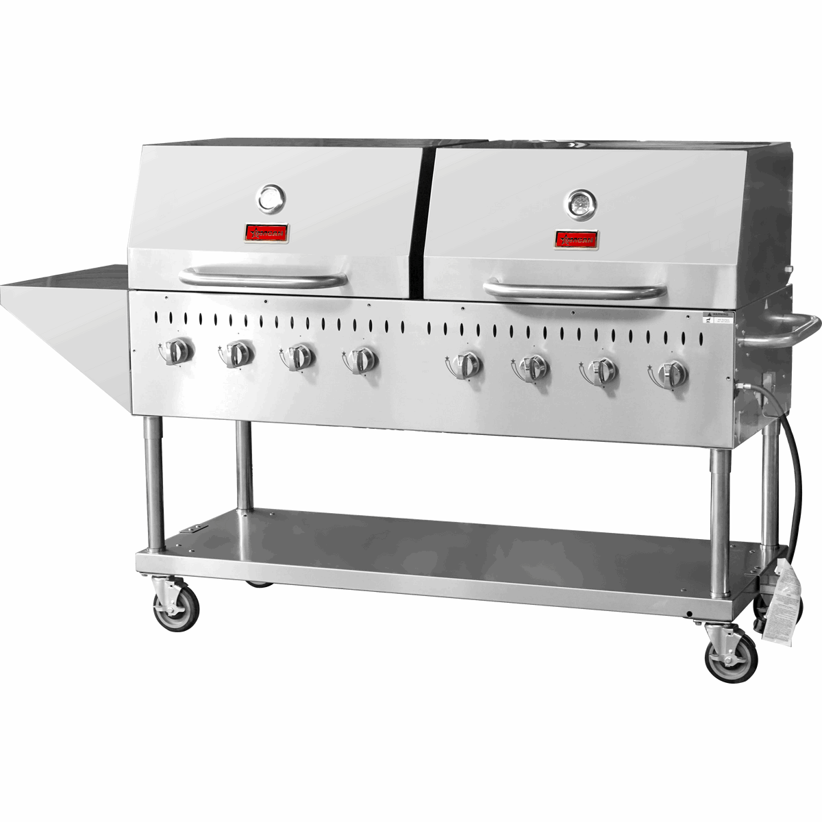 Omcan Stainless Steel Propane Outdoor BBQ Grill, 8 Burners, 128000BTU, Top And Side Shelf, 2 Roll Domes - Majic Backyard