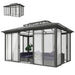 Outsunny Outsunny 12' x 14' Hardtop Gazebo Canopy with Polycarbonate Roof, Aluminum Frame, Netting and Curtains, Brown - Majic Backyard