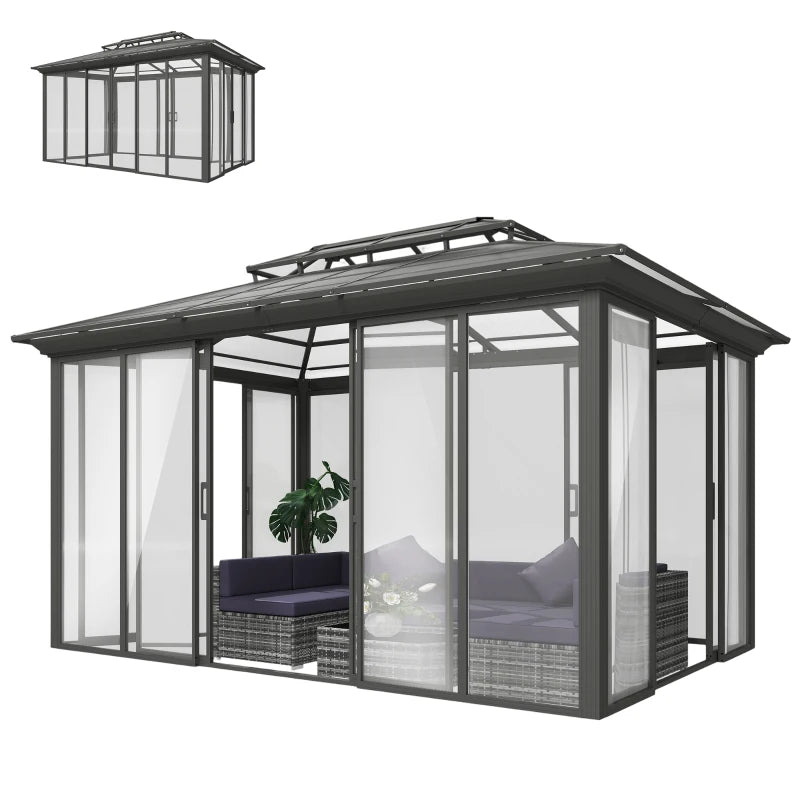 Outsunny Outsunny 12' x 14' Hardtop Gazebo Canopy with Polycarbonate Roof, Aluminum Frame, Netting and Curtains, Brown - Majic Backyard