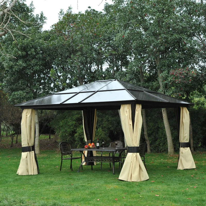 Outsunny 12' x 14' Hardtop Gazebo Canopy with Polycarbonate Roof, Aluminum Frame, Netting and Curtains, Brown