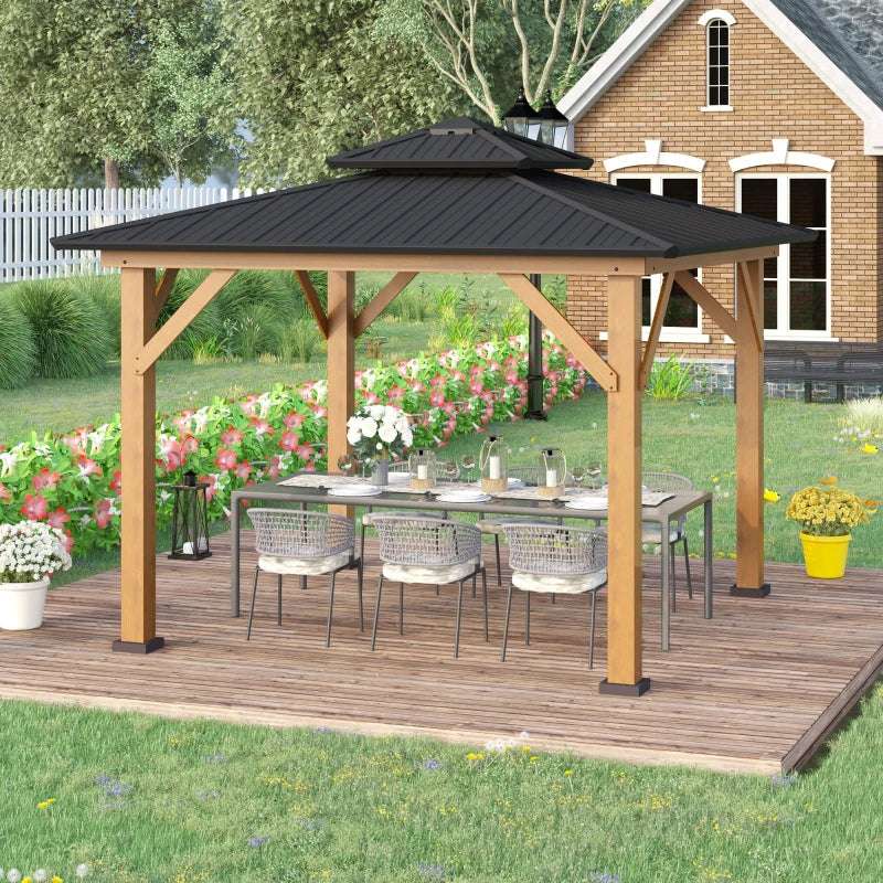 Outsunny 11' x 11' Wood Frame Hardtop Gazebo Galvanized Steel Canopy Outdoor Shelter with Double Vented Roof for Garden, Lawn, Poolside, Black - Majic Backyard