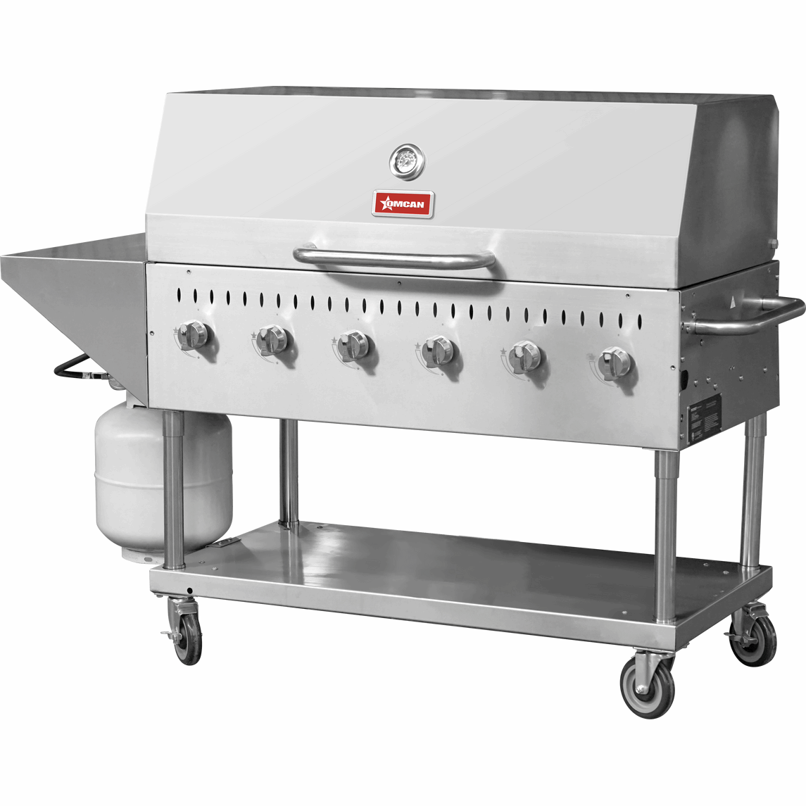 Omcan Stainless Steel Propane Outdoor BBQ Grill, 6 Burners, 96000BTU, Top And Side Shelf, 1 Roll Dome - Majic Backyard