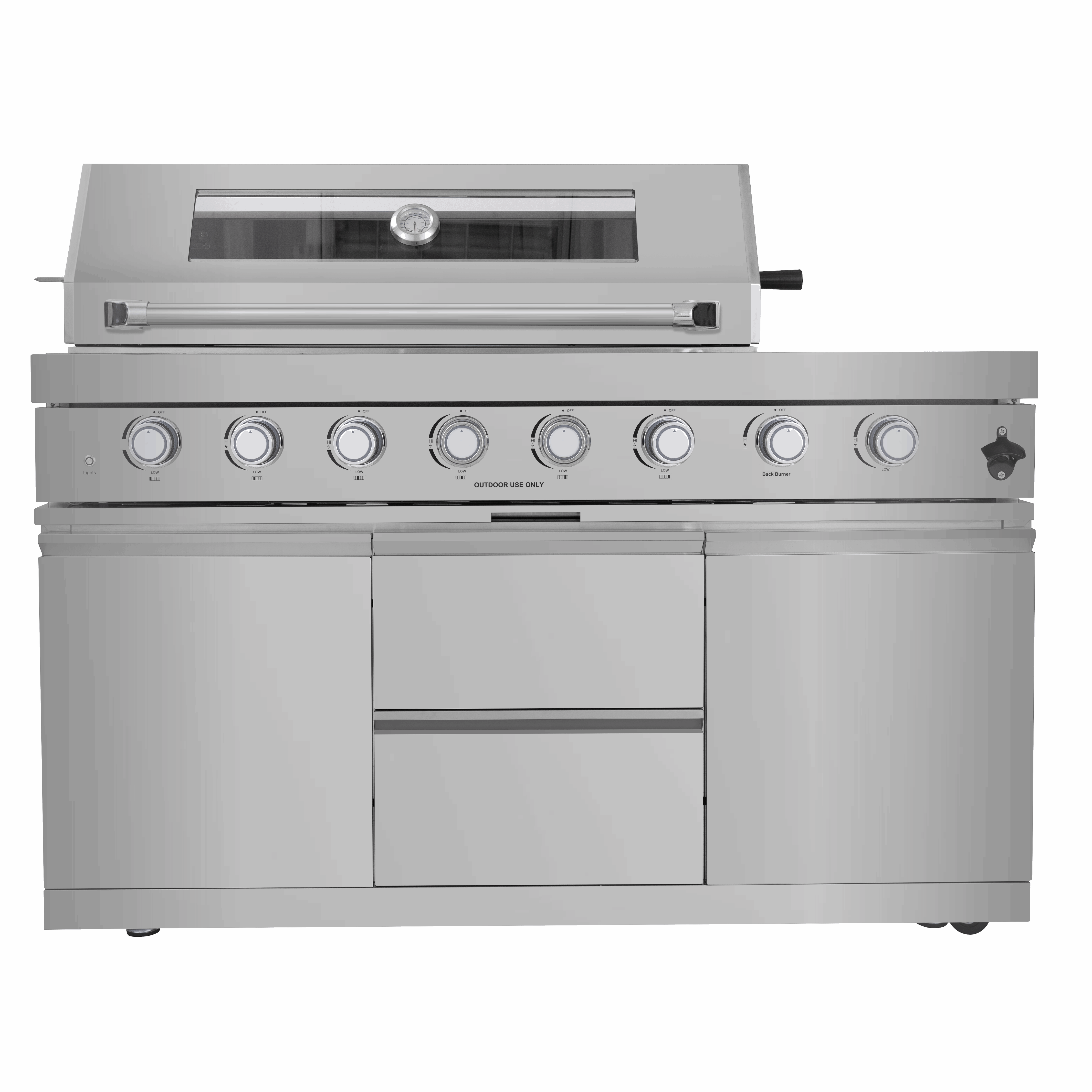 Navratil 5 Piece Outdoor Kitchen, 6 Natural Gas Burner Grill, Kamado Grill Cabinet, Single + Double Cabinet, Single Fridge - Majic Backyard