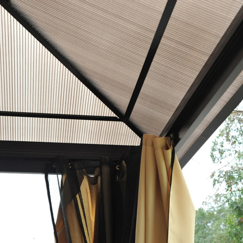 Outsunny 12' x 14' Hardtop Gazebo Canopy with Polycarbonate Roof, Aluminum Frame, Netting and Curtains, Brown