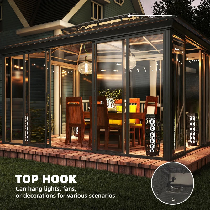Outsunny Outsunny 12' x 14' Hardtop Gazebo Canopy with Polycarbonate Roof, Aluminum Frame, Netting and Curtains, Brown - Majic Backyard