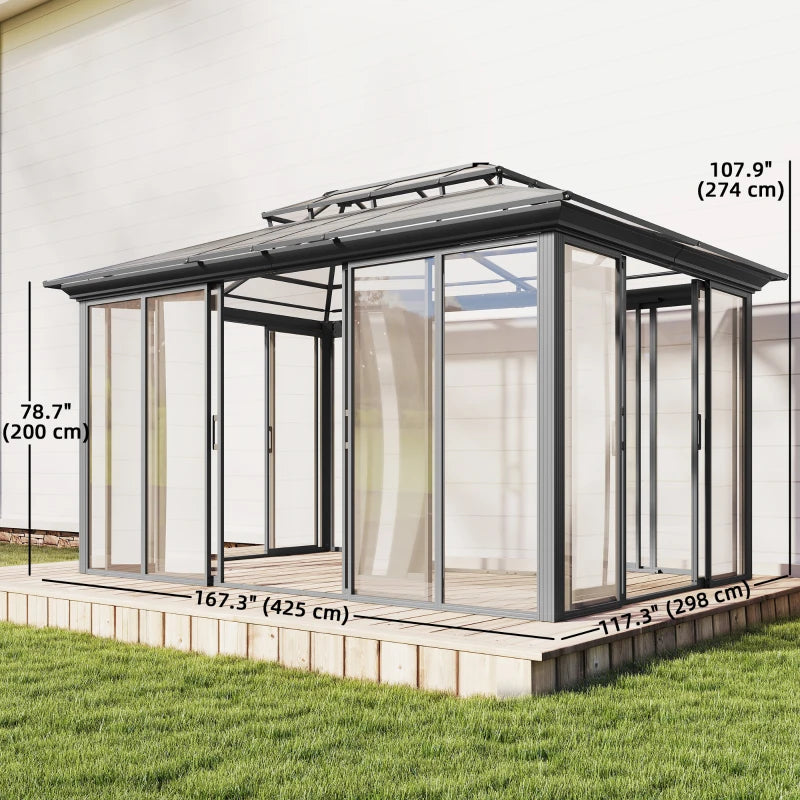 Outsunny Outsunny 12' x 14' Hardtop Gazebo Canopy with Polycarbonate Roof, Aluminum Frame, Netting and Curtains, Brown - Majic Backyard
