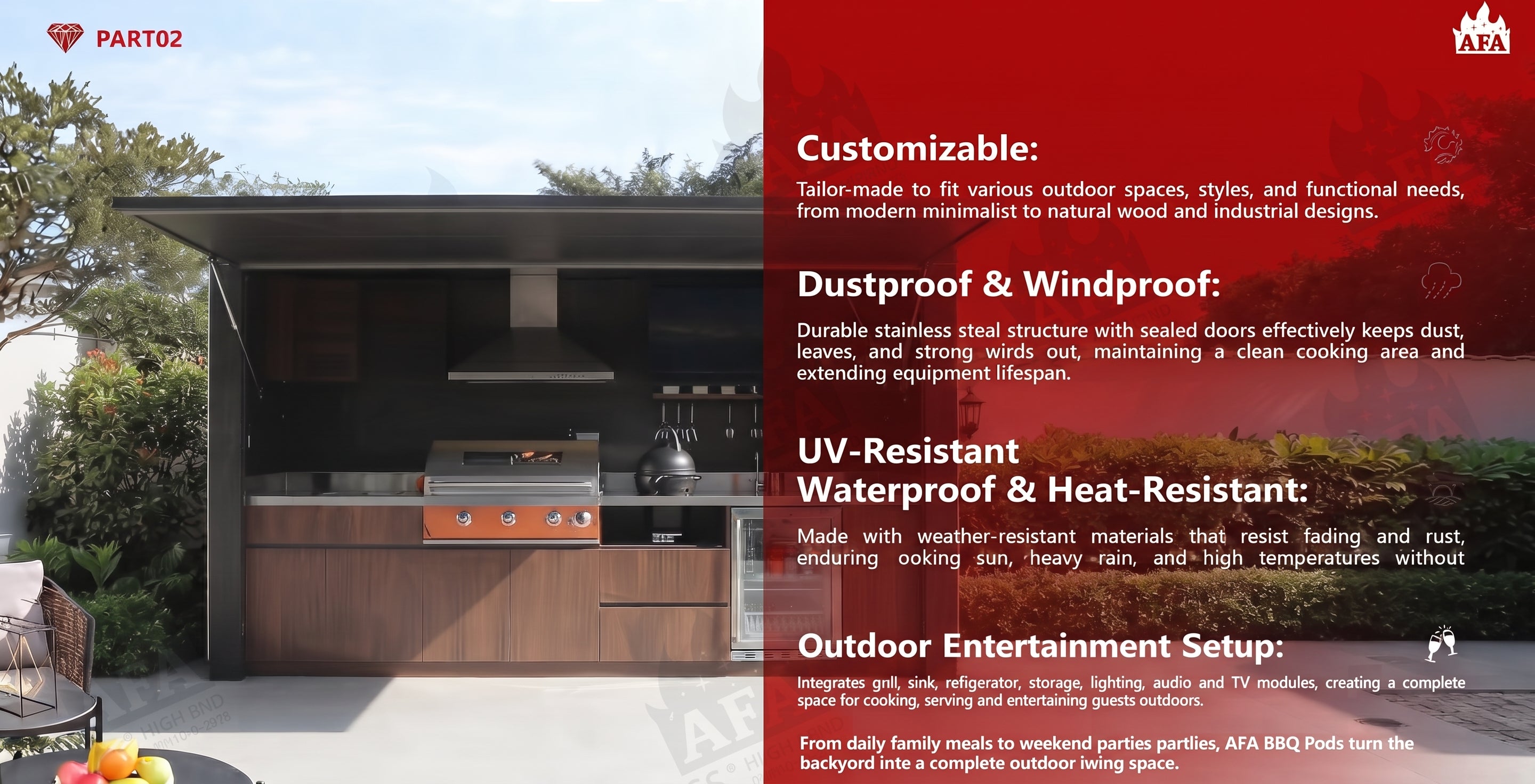 AFA C-Plus Luxury Roller Blind Outdoor Kitchen Pod | 304 Stainless Steel BBQ Station