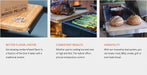 A promotional comparison graphic for a hybrid smoker/grill system. The top row shows three lifestyle cooking scenes: a wood pellet tray with wood chips, a cooked roast and asparagus on a grill, and bread baking on a grill.