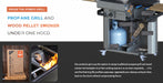 Promotional product graphic for a hybrid grill/smoker combo. The main panel shows a large cutaway view of a black grill unit with a blue propane tank, wood chamber, and labeled parts.