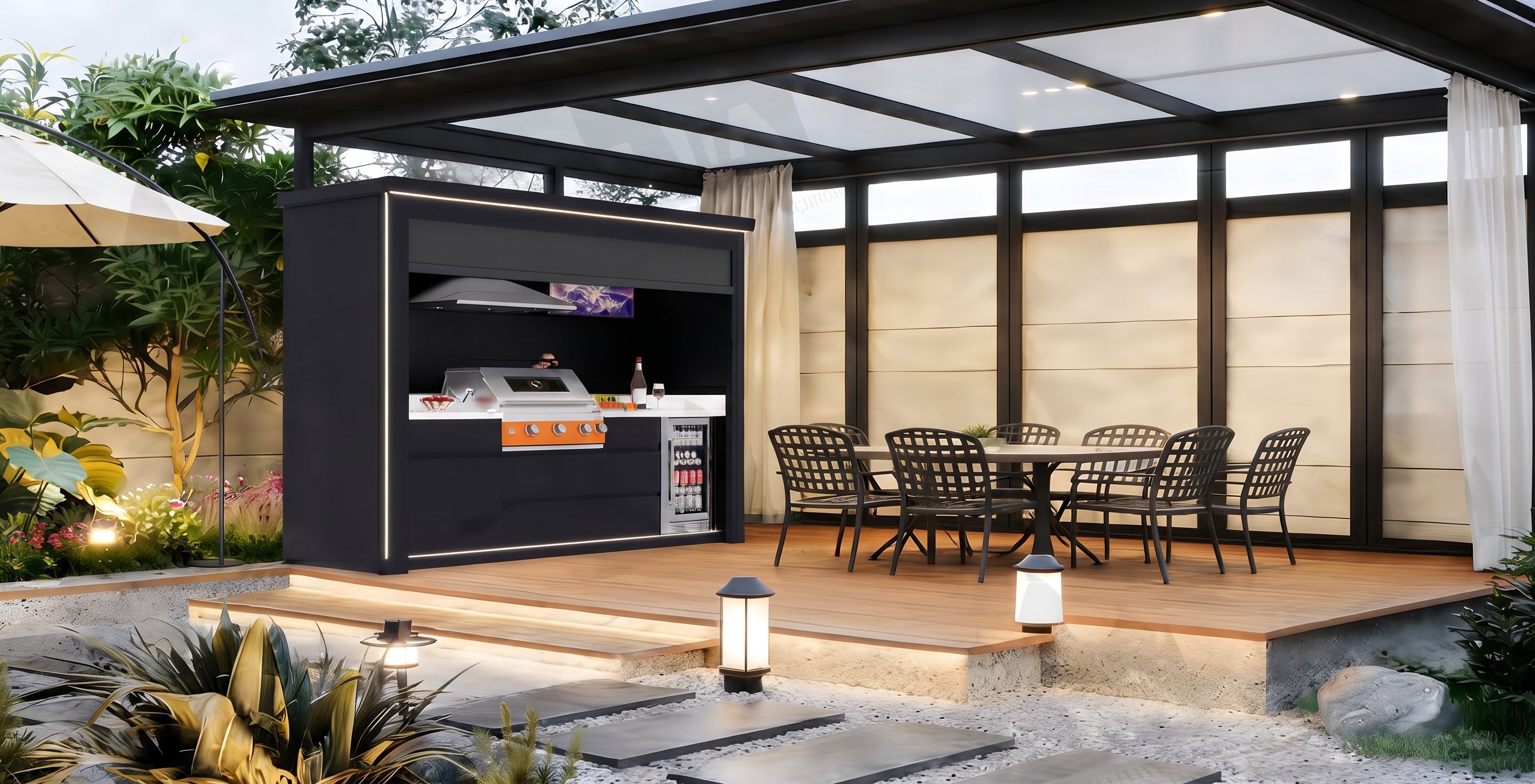 AFA C-Plus Luxury Roller Blind Outdoor Kitchen Pod | 304 Stainless Steel BBQ Station