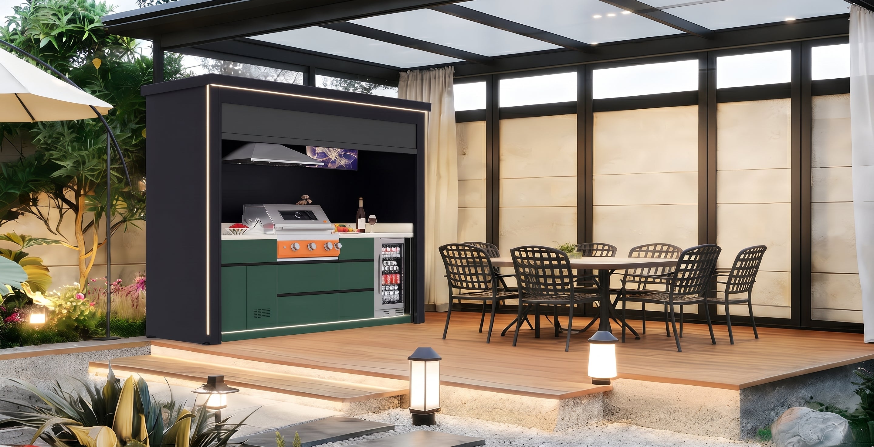 AFA C-Plus Luxury Roller Blind Outdoor Kitchen Pod | 304 Stainless Steel BBQ Station