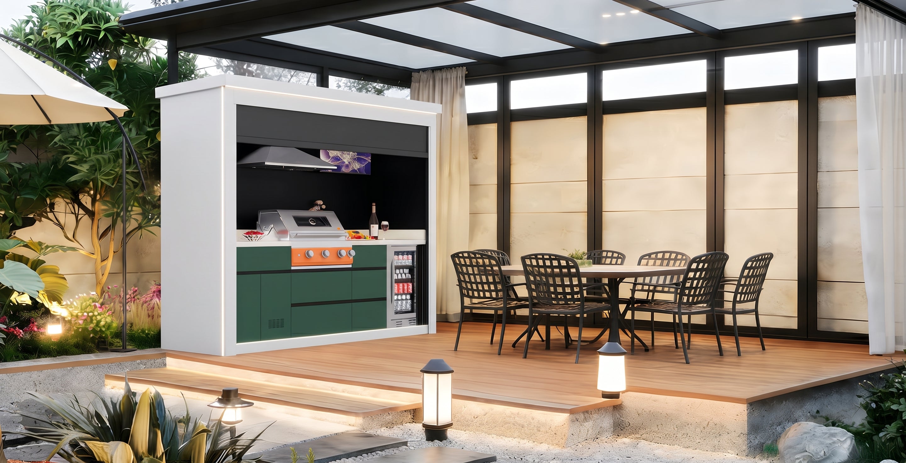 AFA C-Plus Luxury Roller Blind Outdoor Kitchen Pod | 304 Stainless Steel BBQ Station