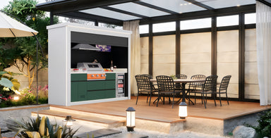 AFA C-Plus Luxury Roller Blind Outdoor Kitchen Pod | 304 Stainless Steel BBQ Station - Majic Backyard