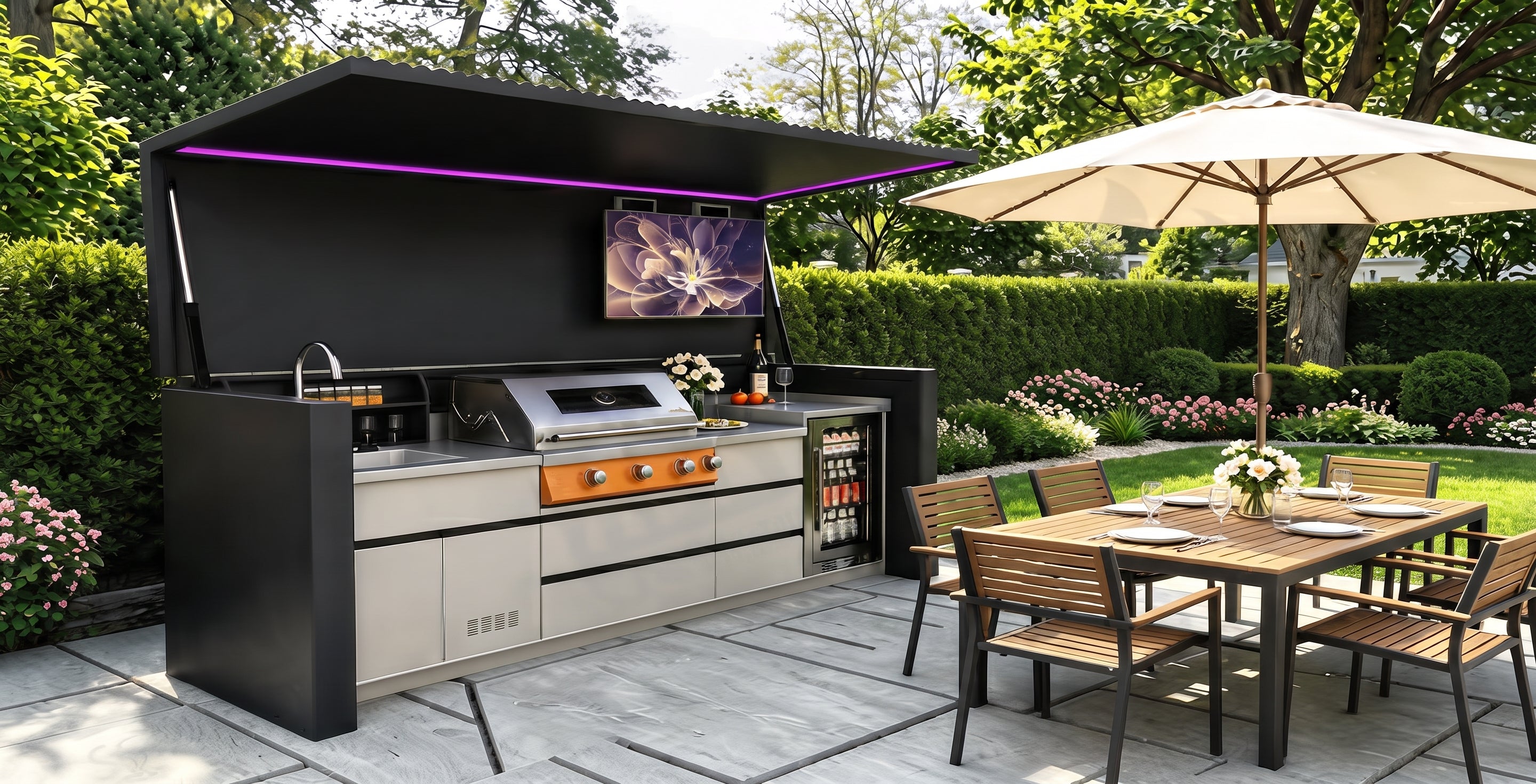 AFA D-Plus Luxury Roller Blind Outdoor Kitchen Pod | 304 Stainless Steel BBQ Station
