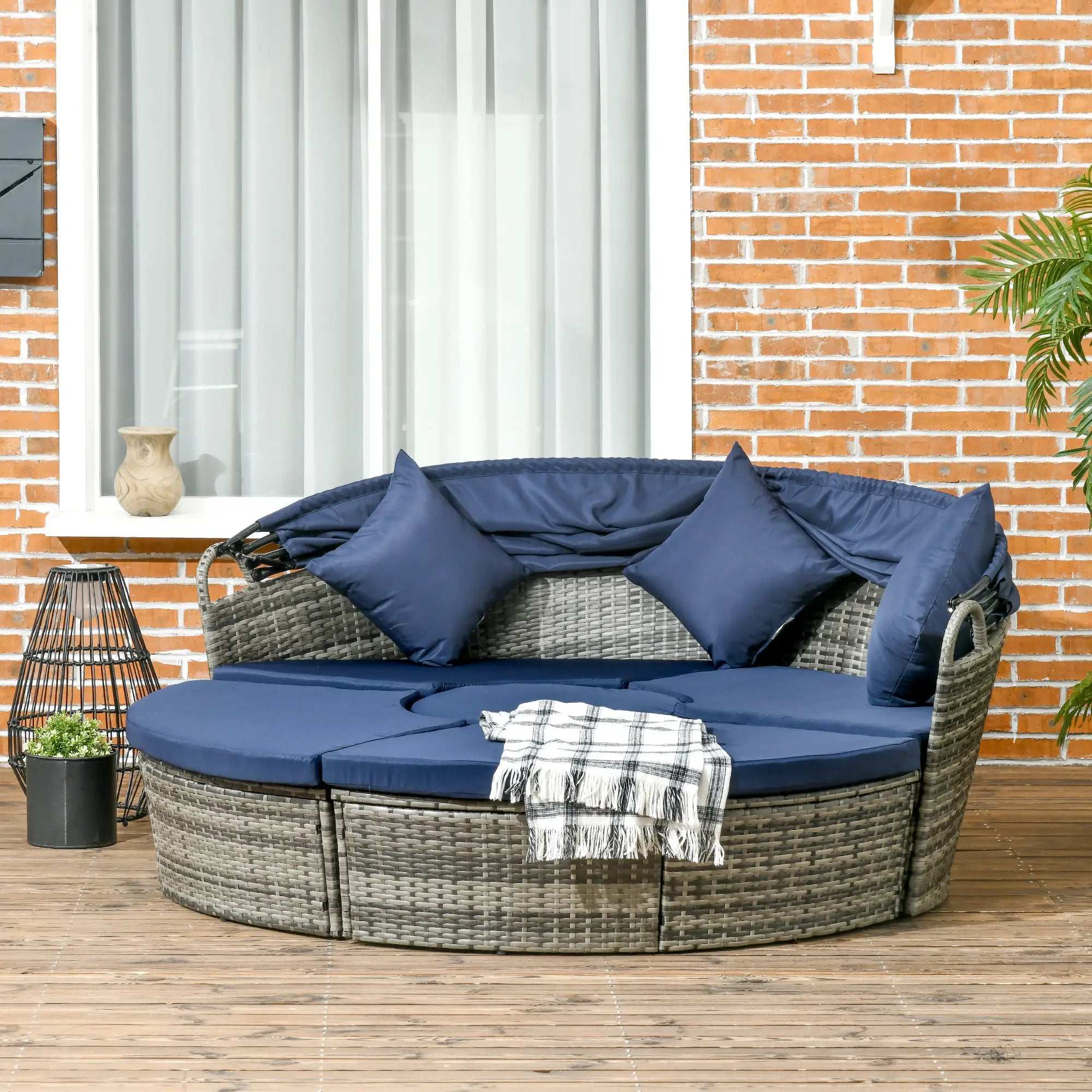 Outsunny 4 Pieces Outdoor Daybed with Retractable Canopy, PE Rattan Wicker Round Sofa Day Bed, Patio Sectional Conversation Furniture Set with Cushions and Pillows - Majic Backyard