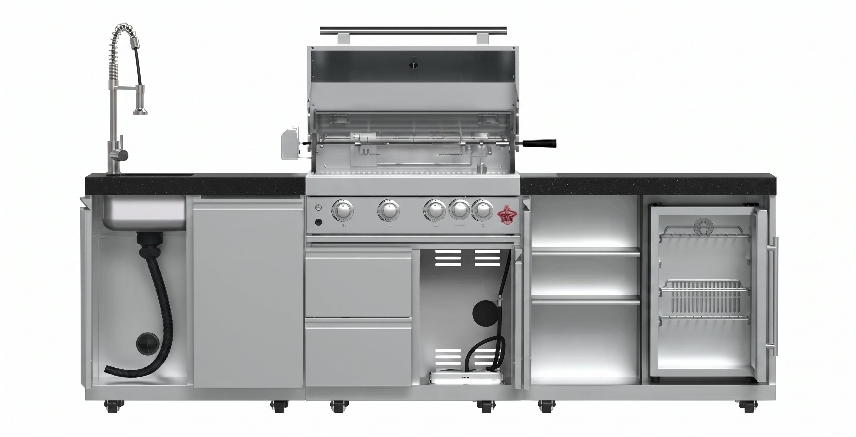 Forno Bulnes 30-Inch BBQ, 60,000 BTU, 3 Burners with Sear & Rotisserie Infrared Burners, Stainless Steel Outdoor Kitchen with 1.8 cu.ft. Beverage Center & Black Granite Countertops