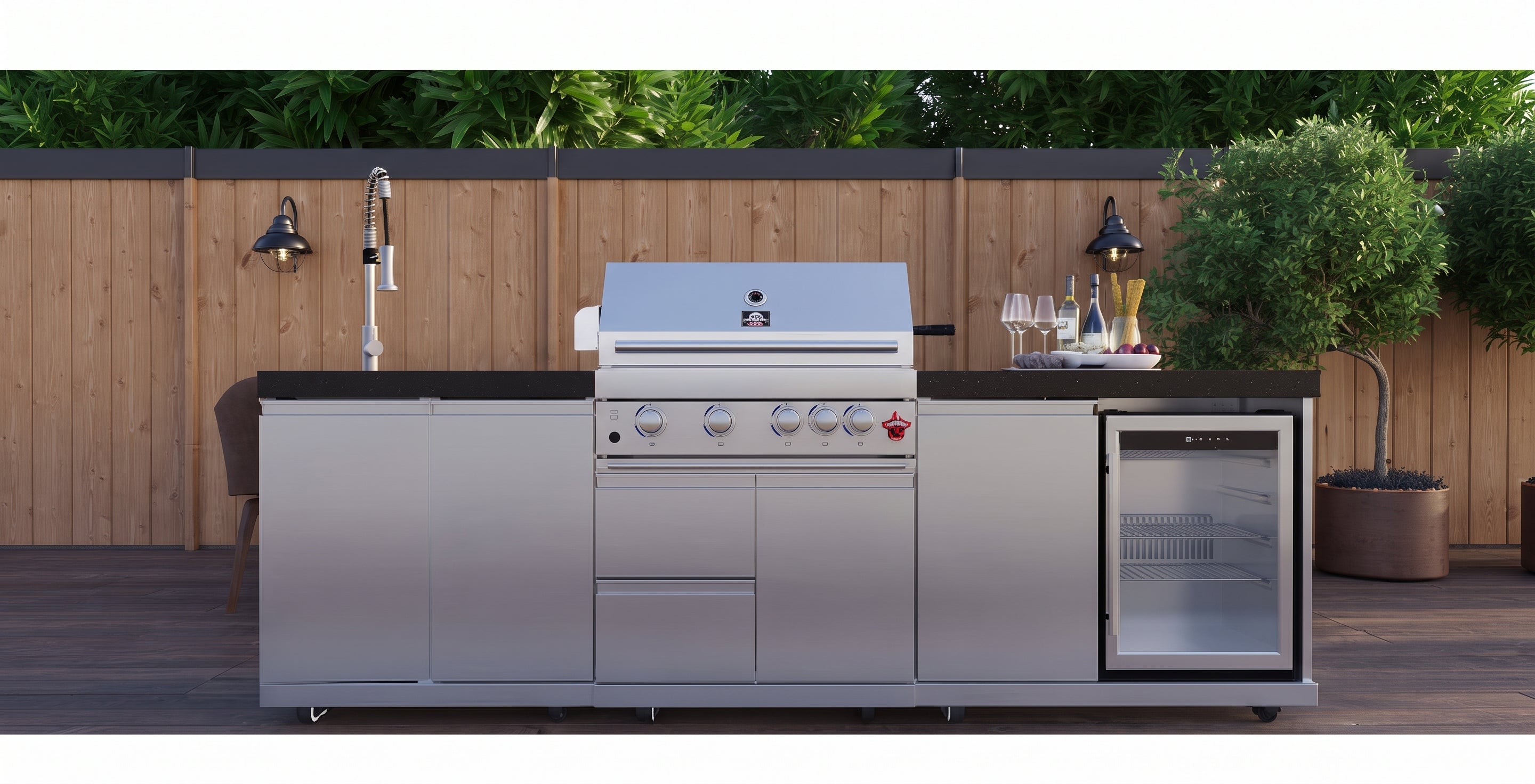 Forno Bulnes 30-Inch BBQ, 60,000 BTU, 3 Burners with Sear & Rotisserie Infrared Burners, Stainless Steel Outdoor Kitchen with 1.8 cu.ft. Beverage Center & Black Granite Countertops