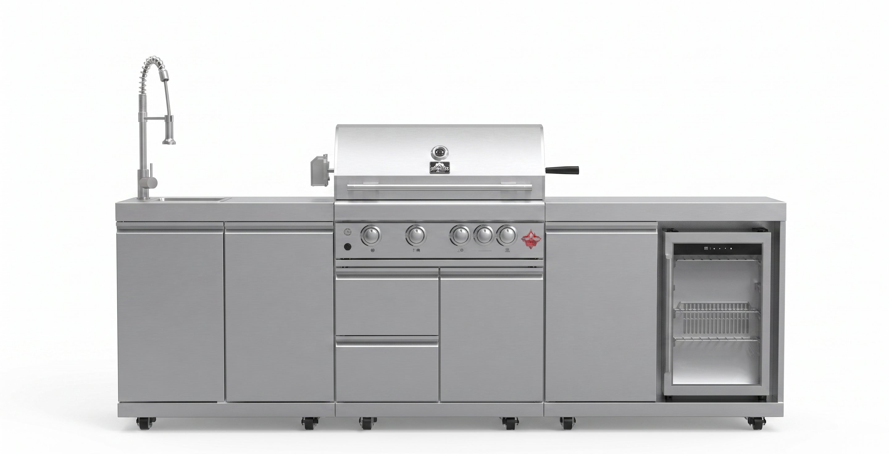 Forno Bulnes 30-Inch BBQ, 60,000 BTU, 3 Burners with Sear & Rotisserie Infrared Burners, Stainless Steel Outdoor Kitchen with 1.8 cu.ft. Beverage Center & White Sintered Stone Countertops