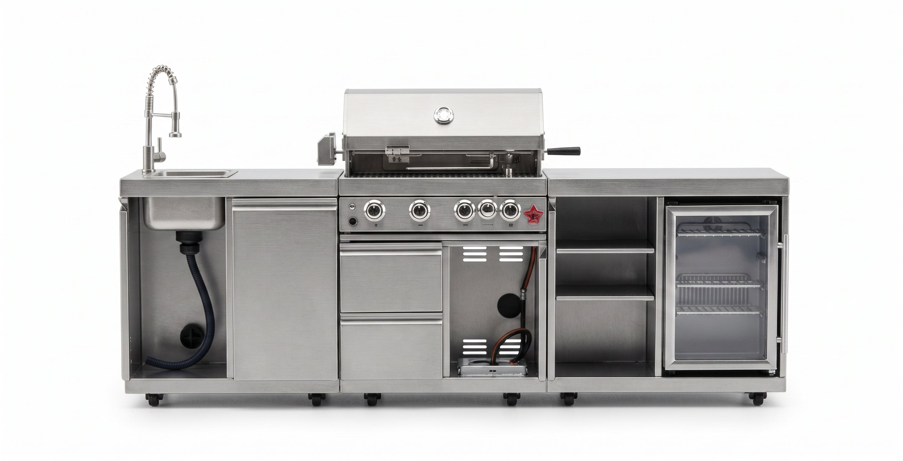 Forno Bulnes 30-Inch BBQ, 60,000 BTU, 3 Burners with Sear & Rotisserie Infrared Burners, Stainless Steel Outdoor Kitchen with 1.8 cu.ft. Beverage Center & White Sintered Stone Countertops