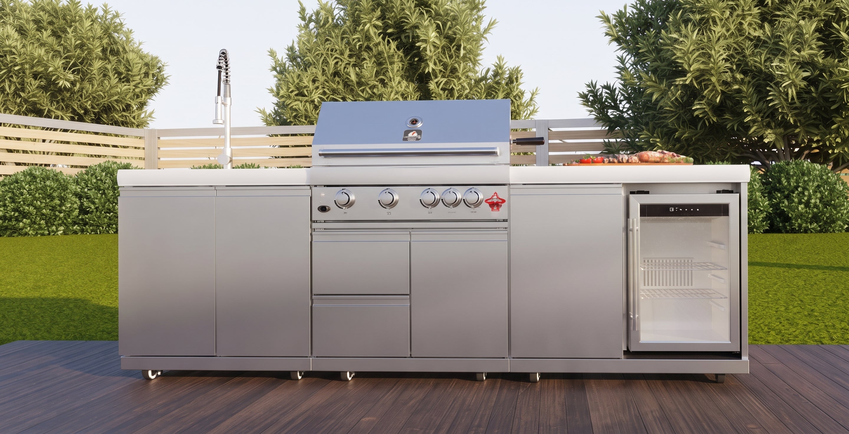 Forno Bulnes 30-Inch BBQ, 60,000 BTU, 3 Burners with Sear & Rotisserie Infrared Burners, Stainless Steel Outdoor Kitchen with 1.8 cu.ft. Beverage Center & White Sintered Stone Countertops