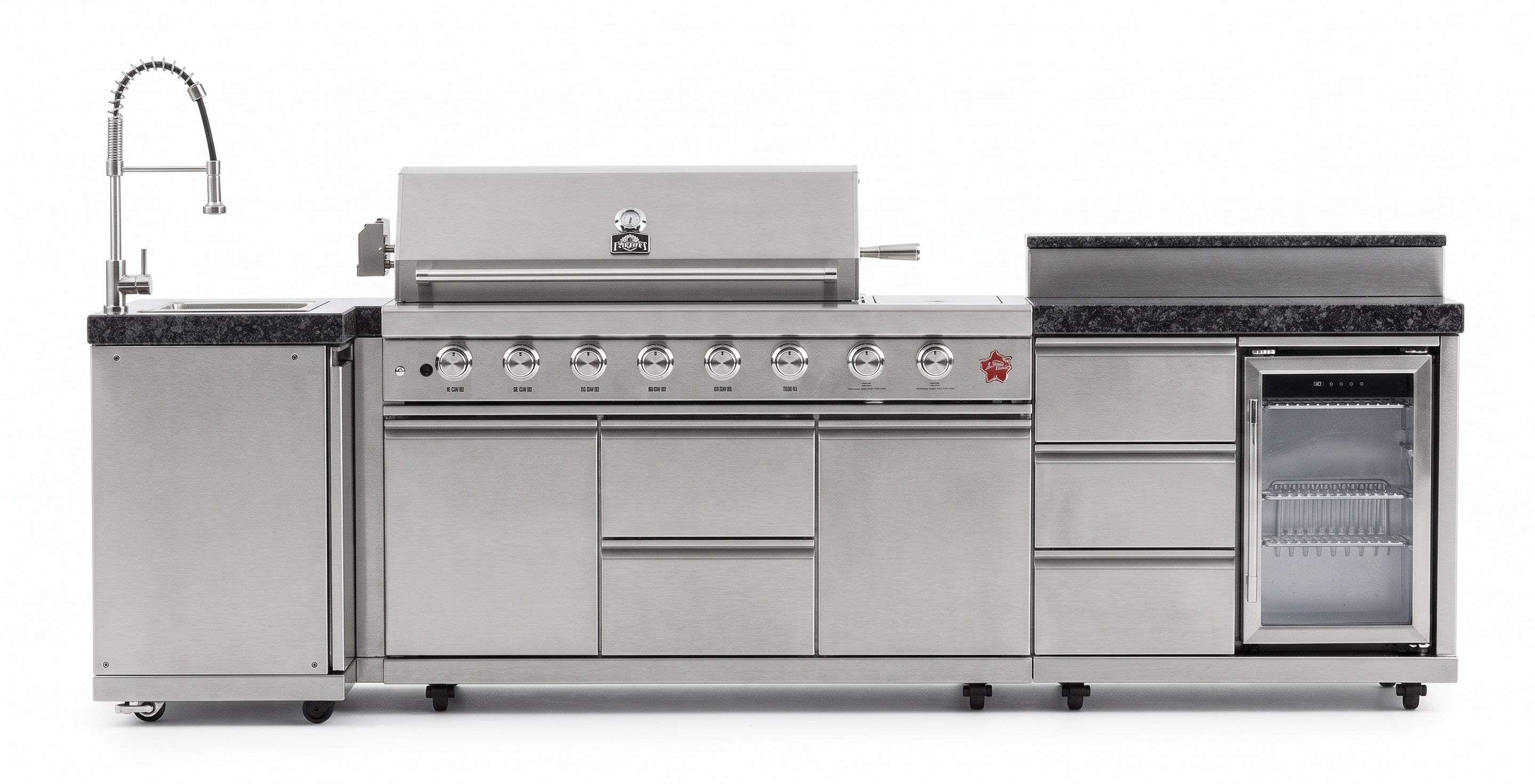 Forno Bulnes 40-Inch BBQ, 95,000 BTU, 5 Burners, Sear & Rotisserie Infrared with Side Burner, Stainless Steel Outdoor Kitchen with 1.8 cu.ft. Beverage Center & Black Granite Countertops