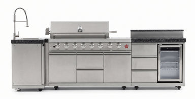 Forno Bulnes 40-Inch BBQ, 95,000 BTU, 5 Burners, Sear & Rotisserie Infrared with Side Burner, Stainless Steel Outdoor Kitchen with 1.8 cu.ft. Beverage Center & Black Granite Countertops - Majic Backyard